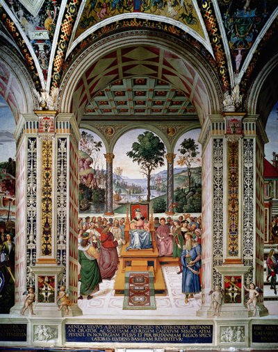 Aeneas Sylvius Piccolomini (1405-64) は、1435 年にスコットランドのジェームズ 1 世 (1394-1437) の前で演説を行います。 作： Bernardino di Betto Pinturicchio