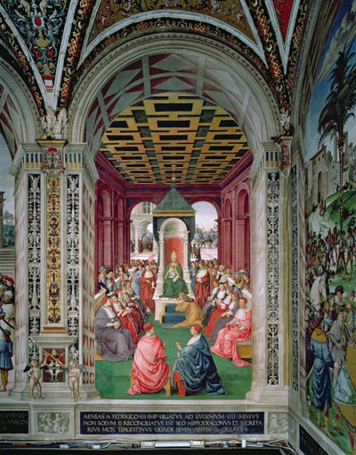 Aeneas Sylvius Piccolomini (1405-64) は教皇エウゲニウス 4 世 (1383-1447) に服従する行為を行う 2 月 7 日 作： Bernardino di Betto Pinturicchio