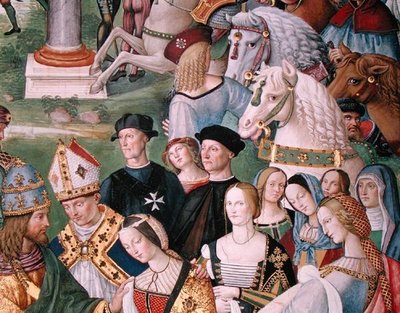 Aeneas Sylvius Piccolomini (1405-64) は、1452 年 2 月 24 日にアラゴンのエレオノーラをフレデリック 3 世 (1415-93) に提示 (フレスコ画) (詳細) 作： Bernardino di Betto Pinturicchio