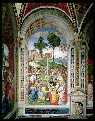 Aeneas Sylvius Piccolomini (1405-64) は、1452 年 2 月 24 日にアラゴンのエレオノーラをフリードリヒ 3 世 (1415-93) に贈呈 (フレスコ画) 作： Bernardino di Betto Pinturicchio