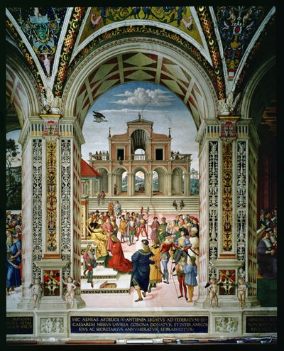 Aeneas Sylvius Piccolomini (1405-64) は、1442 年にフリードリヒ 3 世 (1415-93) によって桂冠詩人になりました。 作： Bernardino di Betto Pinturicchio