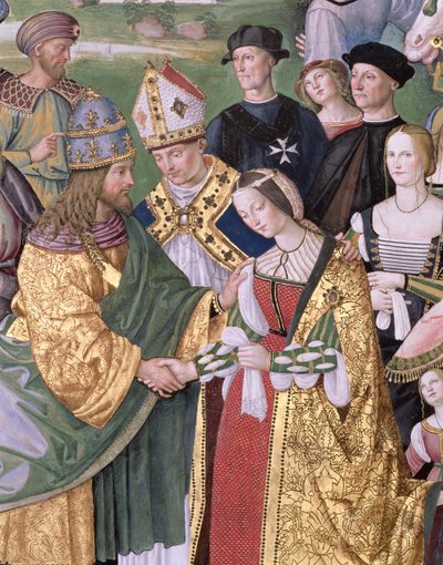 Aeneas Sylvius Piccolomini (1405-64) がアラゴンのエレオノーラをフリードリヒ 3 世 (1415-93) に贈呈 作： Bernardino di Betto Pinturicchio