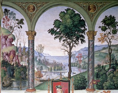 ロッジアを通して見た背景の風景、「Aeneas Sylvius Piccolomini (1405-64) が 1435 年の冬にスコットランド王ジェームズ 1 世 (1394-1437) の前で演説を行う」の詳細 作： Bernardino di Betto Pinturicchio
