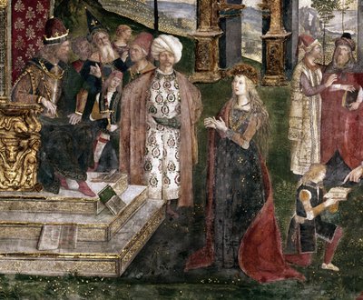ローマ皇帝マクセンティウスの前で哲学者とアレクサンドリアの聖カタリナの紛争の詳細 作： Bernardino di Betto Pinturicchio