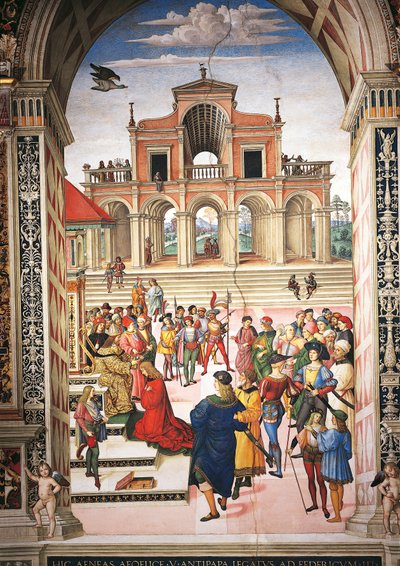 イタリア、シエナ、大聖堂、ピッコロミニ図書館、皇帝フリードリッヒ3世から桂冠詩人に任命されるエネア・シルビオ・ピッコロミニ、ピウス2世物語の詳細 作： Bernardino di Betto Pinturicchio