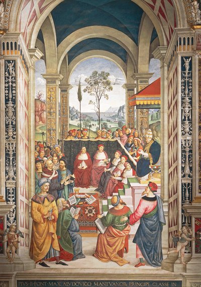 イタリア、シエナ、大聖堂、ピッコロミニ図書館、ピウス2世、対トルコ十字軍計画のために組織された食事会のためにマントヴァに召集される、ピウス2世の物語の詳細 作： Bernardino di Betto Pinturicchio