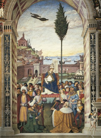 イタリア、シエナ、大聖堂、ピッコロミニ図書館、ピウス2世の物語：十字軍を急ぐためにアンコーナに到着したピウス2世 作： Bernardino di Betto Pinturicchio