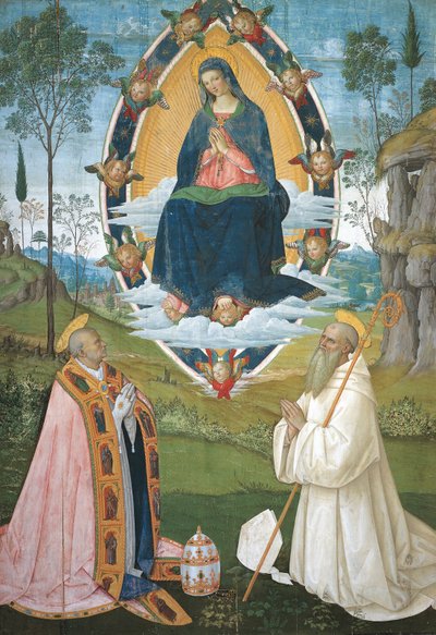 グレゴリー大王と聖ベネディクトと一緒のマドンナ 作： Bernardino di Betto Pinturicchio