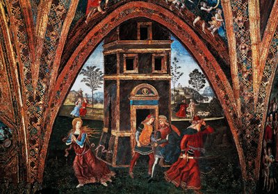 聖バルバラの殉教」ベルナルディーノ・ピントゥリッキオ（1452年頃～1513年）作、イタリア、バチカン市国の使徒宮殿、ボルジアの居室の聖人の間のフレスコ画。 作： Bernardino di Betto Pinturicchio