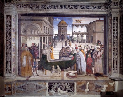 聖ベルナルダンの物語、聖人の死（フレスコ画、1486年頃 作： Bernardino di Betto Pinturicchio
