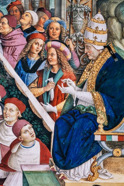 ピッコロミニ図書館、南西の壁: 「6 月 1 日、ピウス 2 世がマントヴァの国会を主宰する」 作： Bernardino di Betto Pinturicchio