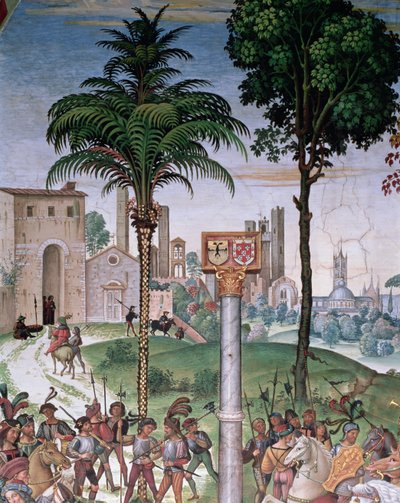 大聖堂とポルタ カモリアのあるシエナの眺め 作： Bernardino di Betto Pinturicchio