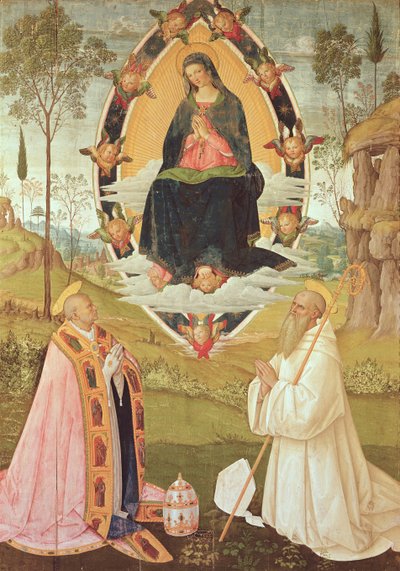 聖グレゴリーと聖ベネディクトの聖母の栄光（パネル上のテンペラ） 作： Bernardino di Betto Pinturicchio