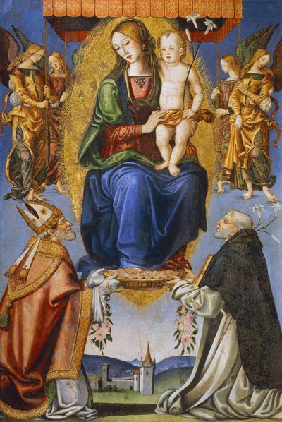 聖セヴェリーノとドミニクのいる聖母子像（テンペラ、キャンバス 作： Bernardino di Mariotto