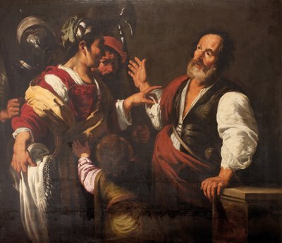 聖ペテロの否認 (キャンバスに油彩) 作： Bernardo (follower of) Strozzi