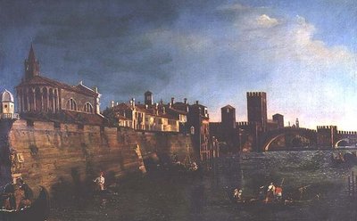 ヴェッキオ城とヴェッキオ橋のあるヴェローナの眺め（油彩・キャンバス） 作： Bernardo (manner of) Bellotto