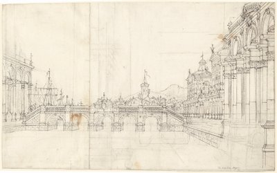 宮殿のカプリッチョと古典的な橋に面したロッジア 作： Bernardo Bellotto