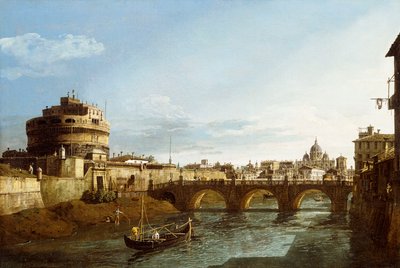 テベレ川に沿ったボートと遠くにあるサンタンジェロ城のあるローマの西を望む。 作： Bernardo Bellotto