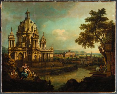 ドーム型の教会とピルナの建物があるカプリッチョ、1765年頃 作： Bernardo Bellotto