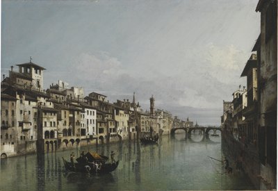 ポンテ ヴェッキオとポンテ サンタ トリニータの間のアルノ川、フィレンツェ、1740 年。 作： Bernardo Bellotto