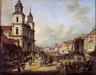 1778年、ワルシャワのノウィスヴィアト通りからクラクフスキー通りを望む ベルナルド・ベロット（1720-1780）の絵画 1778年 ワルシャワ、国立博物館 作： Bernardo Bellotto