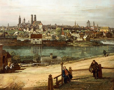 中央にイザール川があるハイトハウゼンからのミュンヘンの眺め、詳細 作： Bernardo Bellotto