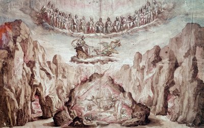 インターメードの装飾と機械のためのプロジェクト、「Le Tromphe de Circe」。Bernardo Buontalenti dit delle Girandole (ca. 1523-1608)によるデッサン 日。0.46x0.72 m パリ、ルーヴル美術館 作： Bernardo Buontalenti