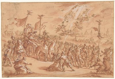 聖なる司教がローマ皇帝の行列のそばにひざまずく 作： Bernardo Castello (attributed to)