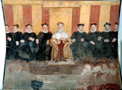 ジュネスのドージェ、ジャコモ・ドゥラッツォ・グリマルディ（1503年頃～1579年）が上院議員を囲んでいる様子 ベルナルド・カステッロ（1557～1629）のフレスコ画 16世紀 ジュネス、サン・アゴスティーノ美術館 作： Bernardo Castello