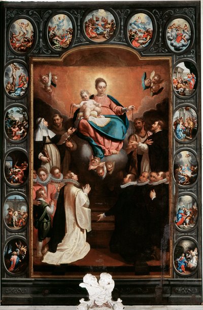 子連れの聖母とロザリオの秘義 - ベルナルド・カステッロ（1557-1629）（中央）とパオロ・ジェロラモ・ピオラ（1666-1724）の絵画 イタリア、サンタ・マルゲリータ・リグレ教会 作： Bernardo Castello