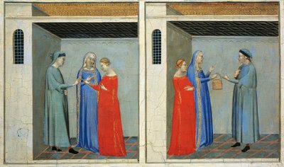 サクラ・シントラの物語を持つプレデラ：ベルナルド・ダディ（1290-1348）による、サクラ・シントラの持参金を受け取ったマイケルの結婚 作： Bernardo Daddi