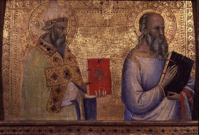 聖グレゴリー大帝（c.540-604）と正体不明の聖人（パネルにテンペラ） 作： Bernardo Daddi