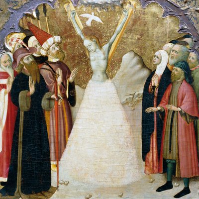 聖エウラリアの殉教」ベルナート・マルトレル（約1400～1452年）作、ヴィック大聖堂の祭壇画のプレデラの詳細、木に描かれています。カタルーニャのゴシック美術。 作： Bernardo Martorell