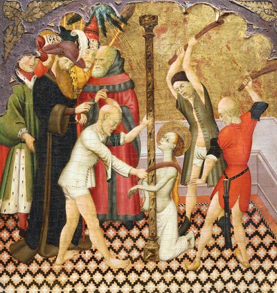 聖エウラリアの鞭打ち、ヴィック大聖堂の祭壇画のプレデラの細部、ベルナト マルトレル (1400-1452年頃) 作、木に描かれています。 カタロニアのゴシック芸術。 作： Bernardo Martorell