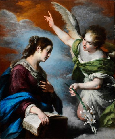 受胎告知 (The Annunciation) - ベルナルド・ストロッツィ (dit il Capucini Genovese) (1581-1644) による絵画、キャンバスに油彩 作： Bernardo Strozzi