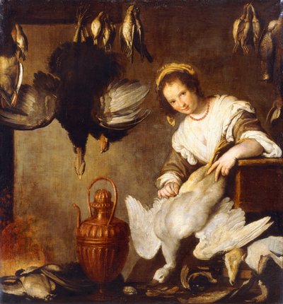 La Cuoca-インテリアでガチョウを摘採するキッチンメイド、 作： Bernardo Strozzi