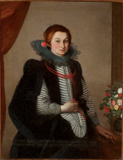 サンゴのネックレスを持つ若い女性の肖像（キャンバスに油彩） 作： Bernardo Strozzi
