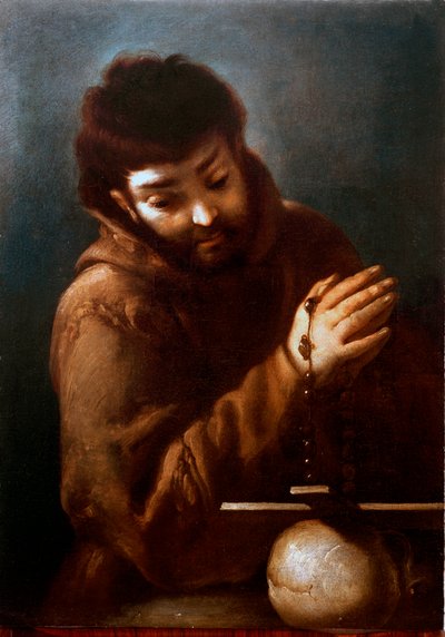 十字架を拝むアッシジの聖フランソワの表現 ベルナルド・ストロッツィ（1581-1644）の絵画 17世紀 個人蔵 作： Bernardo Strozzi
