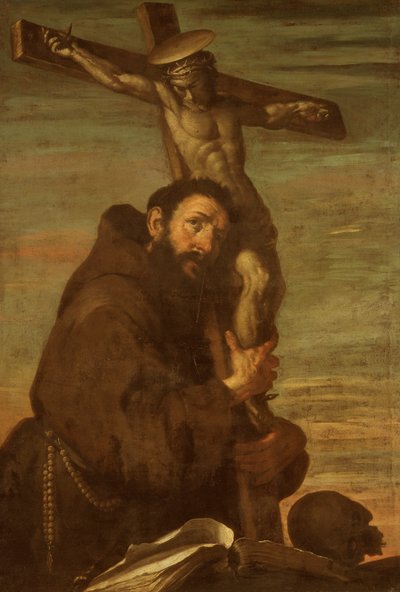十字架を抱きしめるアッシジの聖フランチェスコ、c1600-1640。 作： Bernardo Strozzi
