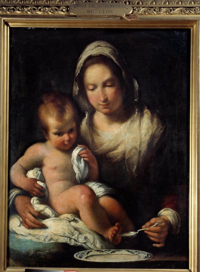 聖母はスプーンを持っています。ベルナルド・ストロッツィ（1581-1644）の絵画 作： Bernardo Strozzi