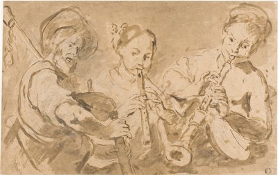 ホルンとパイプを演奏する3人のミュージシャン 作： Bernardo Strozzi