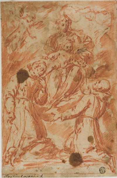 二人のモンク聖人によって崇拝された栄光の聖母子 作： Bernardo Strozzi