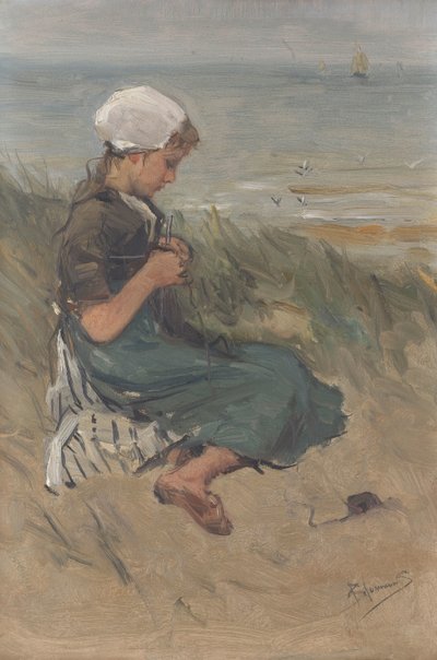 砂丘で編み物をする女の子 作： Bernardus Johannes Blommers