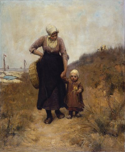 海沿いの道の母と子 作： Bernardus Johannes Blommers or Bloomers