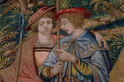 フランダースのタペストリー。 シリーズ The Foundation of Rome: ファウストゥルスがロムルスとレムスに出会う。 漫画家の Barend van Orley (?)。 ブリュッセルの製造。 1525-1530。 詳細。 作： Bernart van (attr. to) Orley