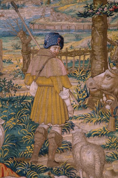 フランダースのタペストリー。 シリーズ The Foundation of Rome: ファウストゥルスがロムルスとレムスに出会う。 漫画家の Barend van Orley (?)。 ブリュッセルの製造。 1525-1530。 詳細。 作： Bernart van (attr. to) Orley