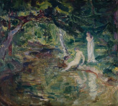 森で水浴びするカップル（キャンバスに油彩） 作： Bernhard Dorotheus Folkestad