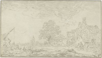 村の風景。左側には井戸がある 作： Bernhard Schreuder