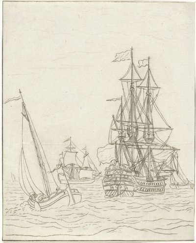 外洋を航行する軍艦と3隻の帆船 作： Bernhard Schreuder