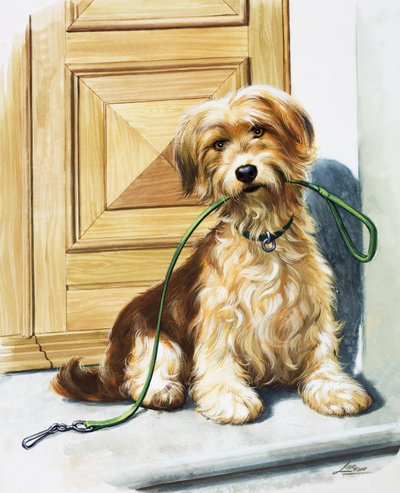 リードをくわえる犬（紙にガッシュ） 作： バート・イロス